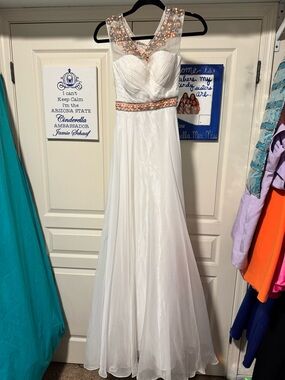 Alyce Paris White Prom Dress with Rose Gold Beading